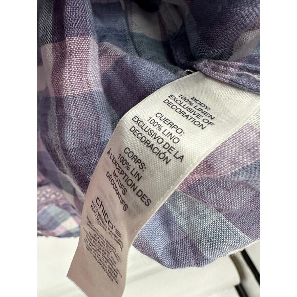 Chico's Womens Top 12P Purple Plaid V-Neck Crochet 100% Linen Popover Peasant - Picture 6 of 8